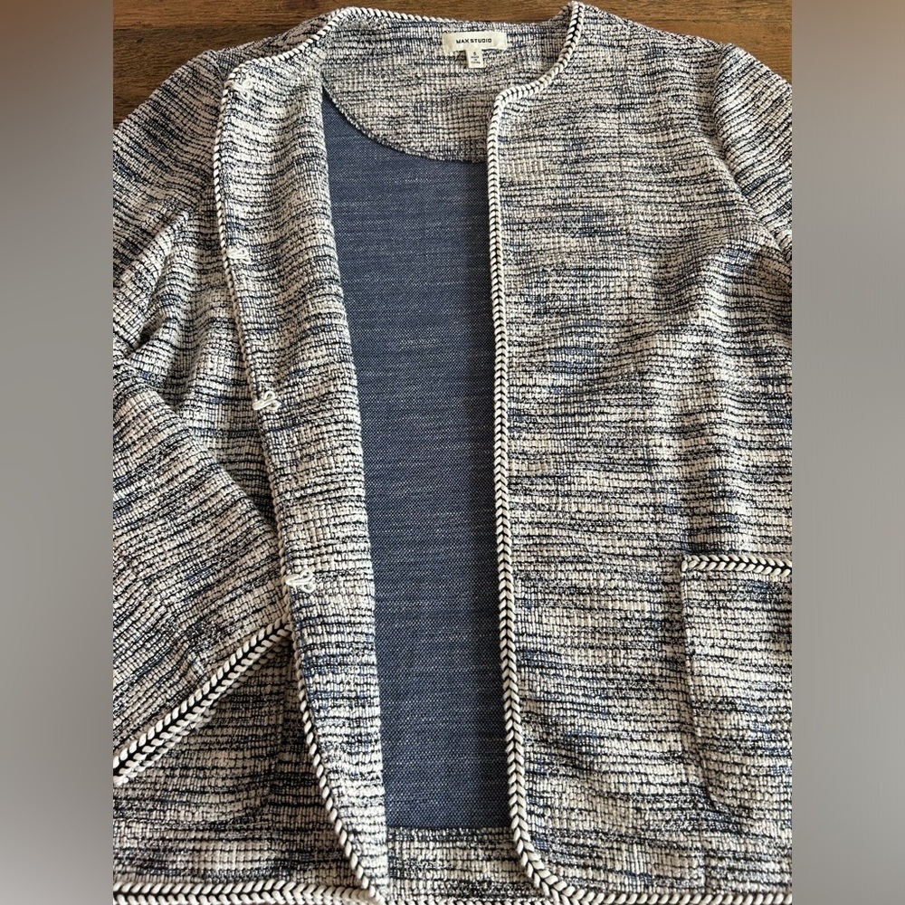 MAX STUDIO Cardigan Blazer Textured Tweed Braided Pockets Blue, black white blue - Picture 4 of 10